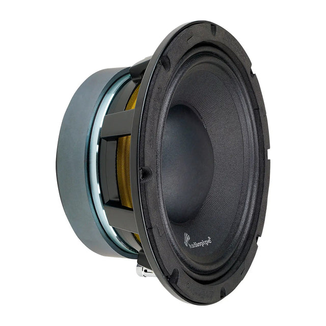 Angled black Audiopipe speaker showing its cone, open basket and yellow suspension
