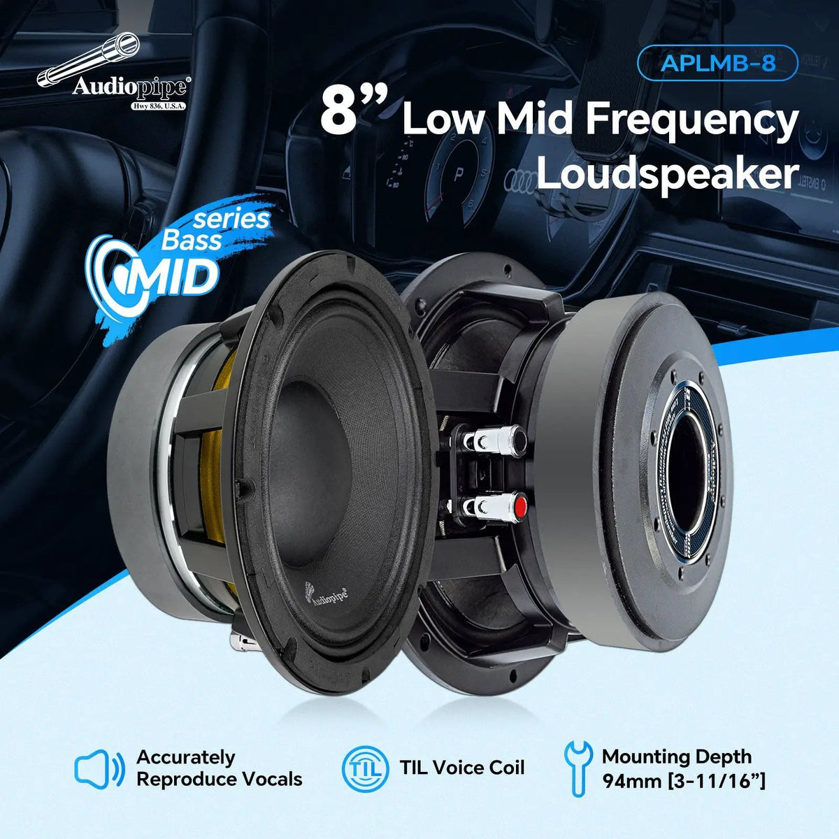 Audiopipe APLMB-8 feature graphic showing front and rear views, a TIL voice coil and 94 mm mounting depth