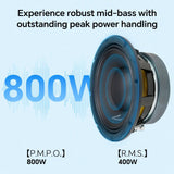 Audiopipe mid-bass loudspeaker graphic highlighting 800W PMPO and 400W RMS power handling