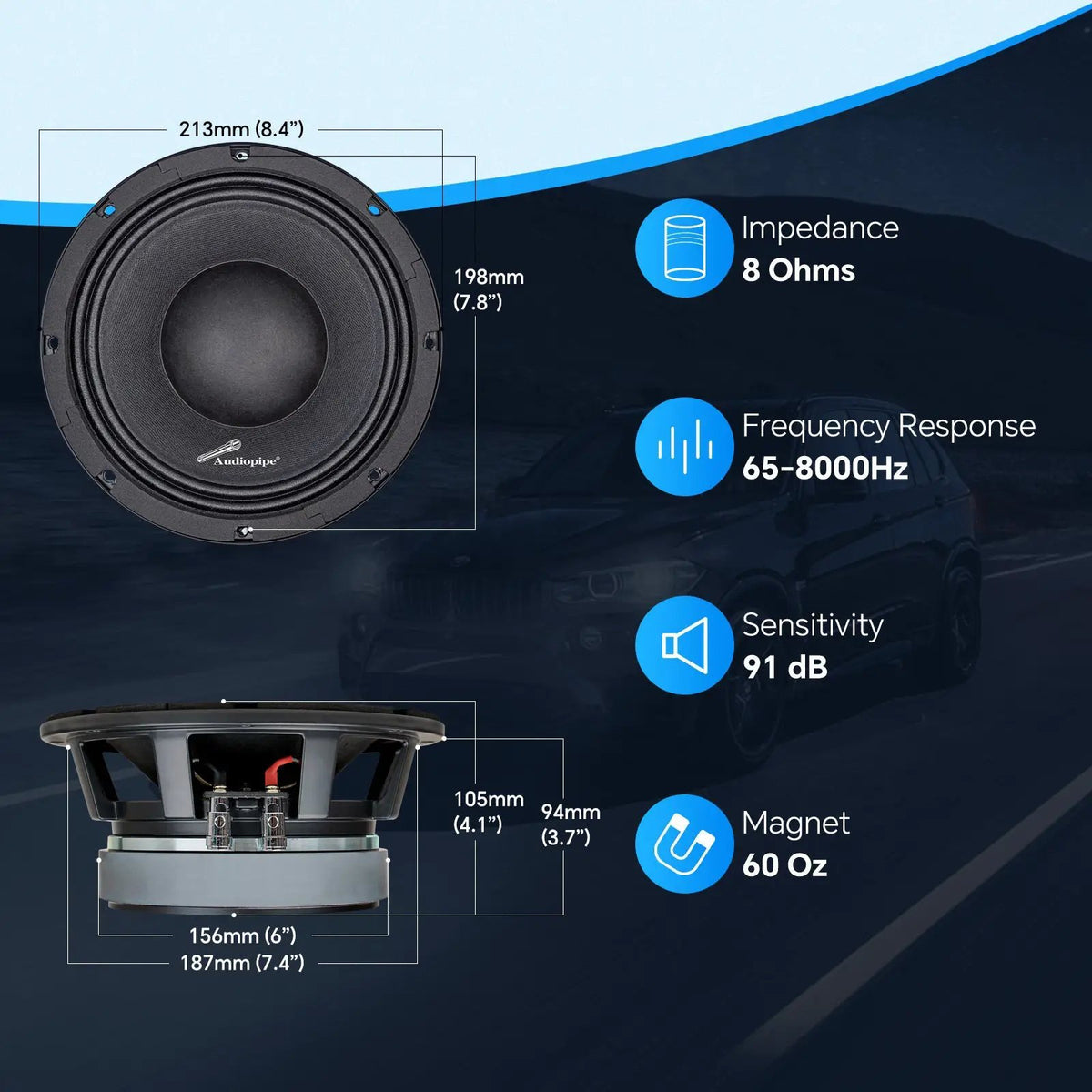Audiopipe loudspeaker dimensions and specifications: 213 mm diameter, 94 mm mounting depth, 8 ohms, 65–8000 Hz and 91 dB