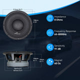 Audiopipe loudspeaker dimensions and specifications: 213 mm diameter, 94 mm mounting depth, 8 ohms, 65–8000 Hz and 91 dB