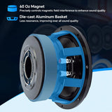 Speaker feature graphic highlighting a 60-ounce magnet and die-cast aluminum basket for reduced resonance