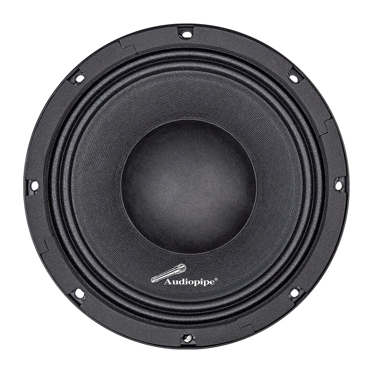 Front of a black Audiopipe speaker with a woven cone and domed center