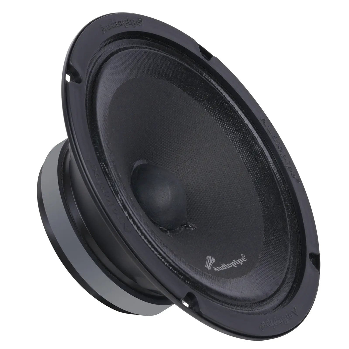 Audiopipe midrange loudspeaker with a black cone, angled front view
