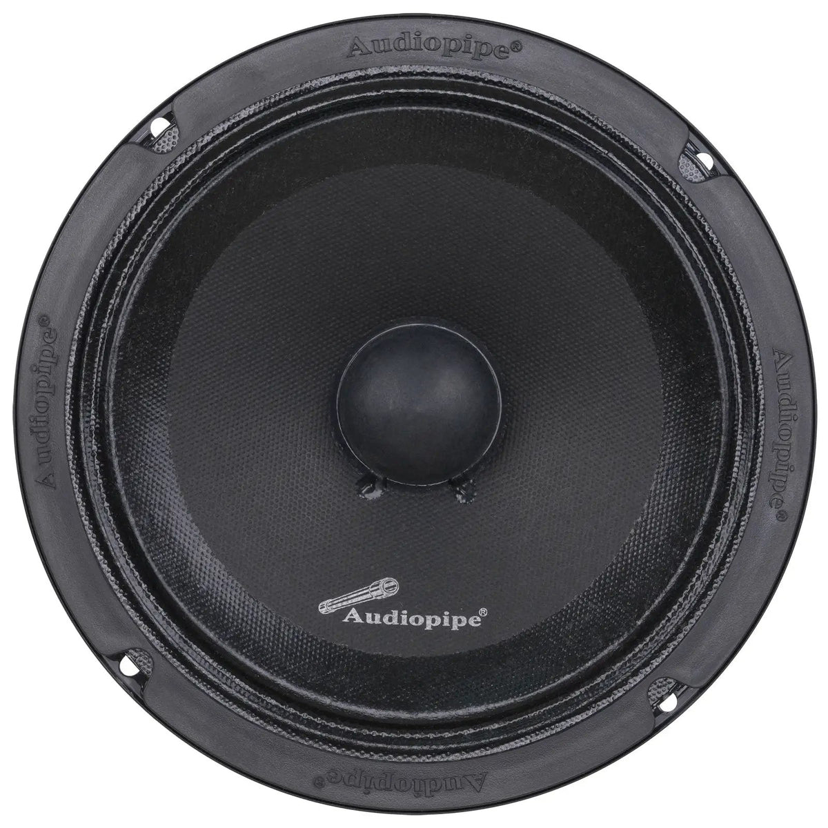 Front of a black Audiopipe speaker with a rounded dust cap and four mounting holes