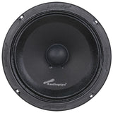 Front of a black Audiopipe speaker with a rounded dust cap and four mounting holes