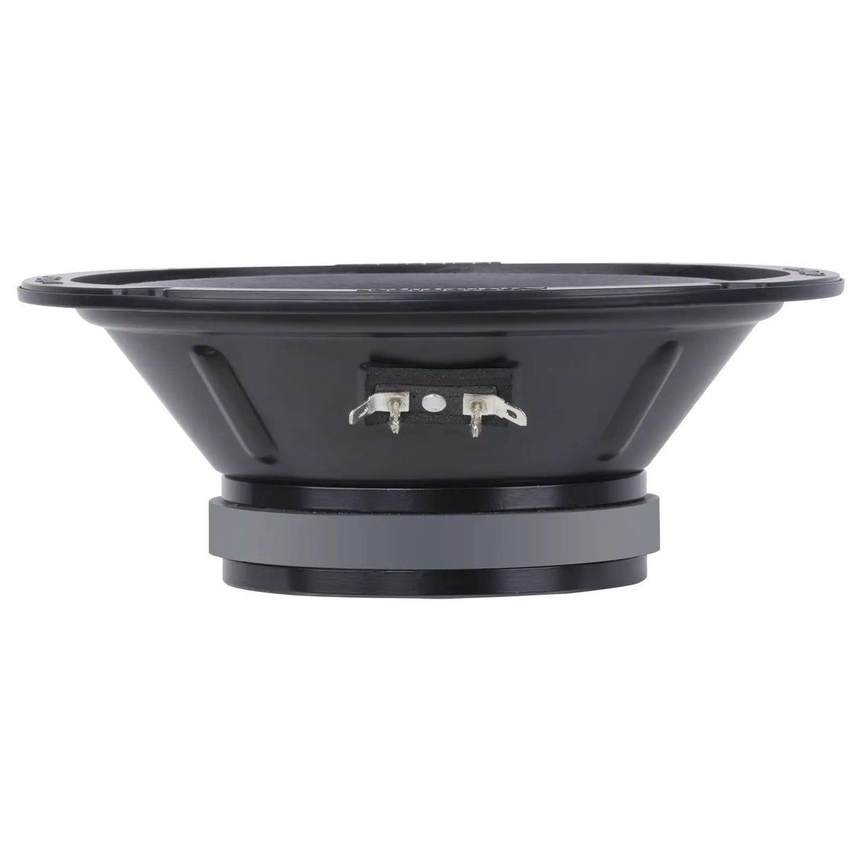 Side view of a black speaker basket, round magnet and paired blade terminals