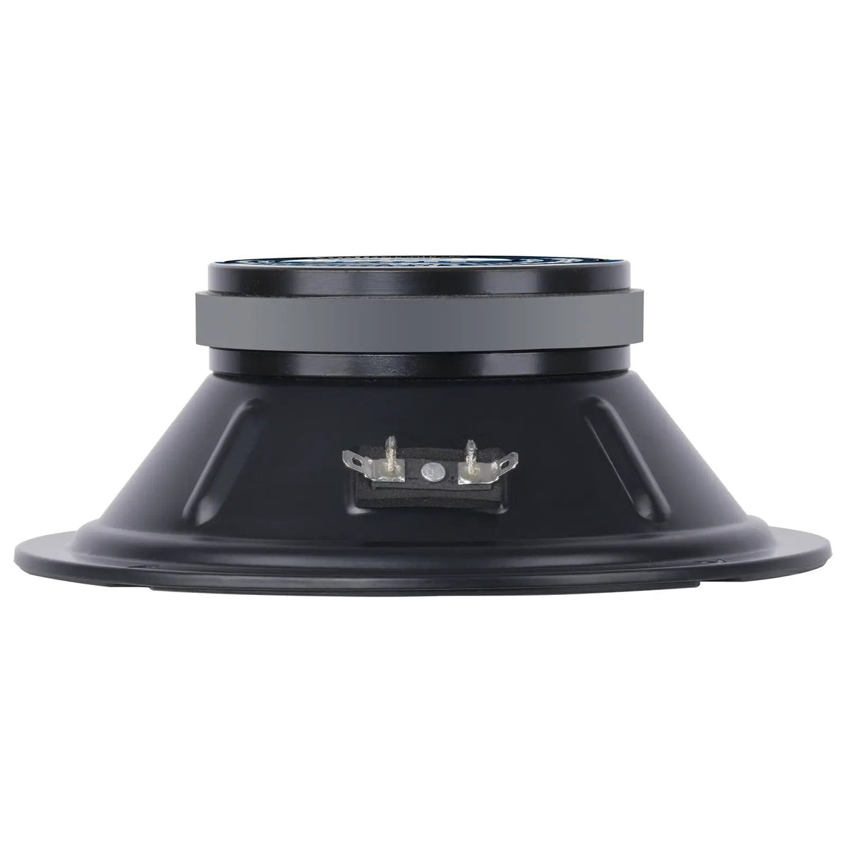 Inverted side view of a black speaker basket and magnet, with two terminals facing forward