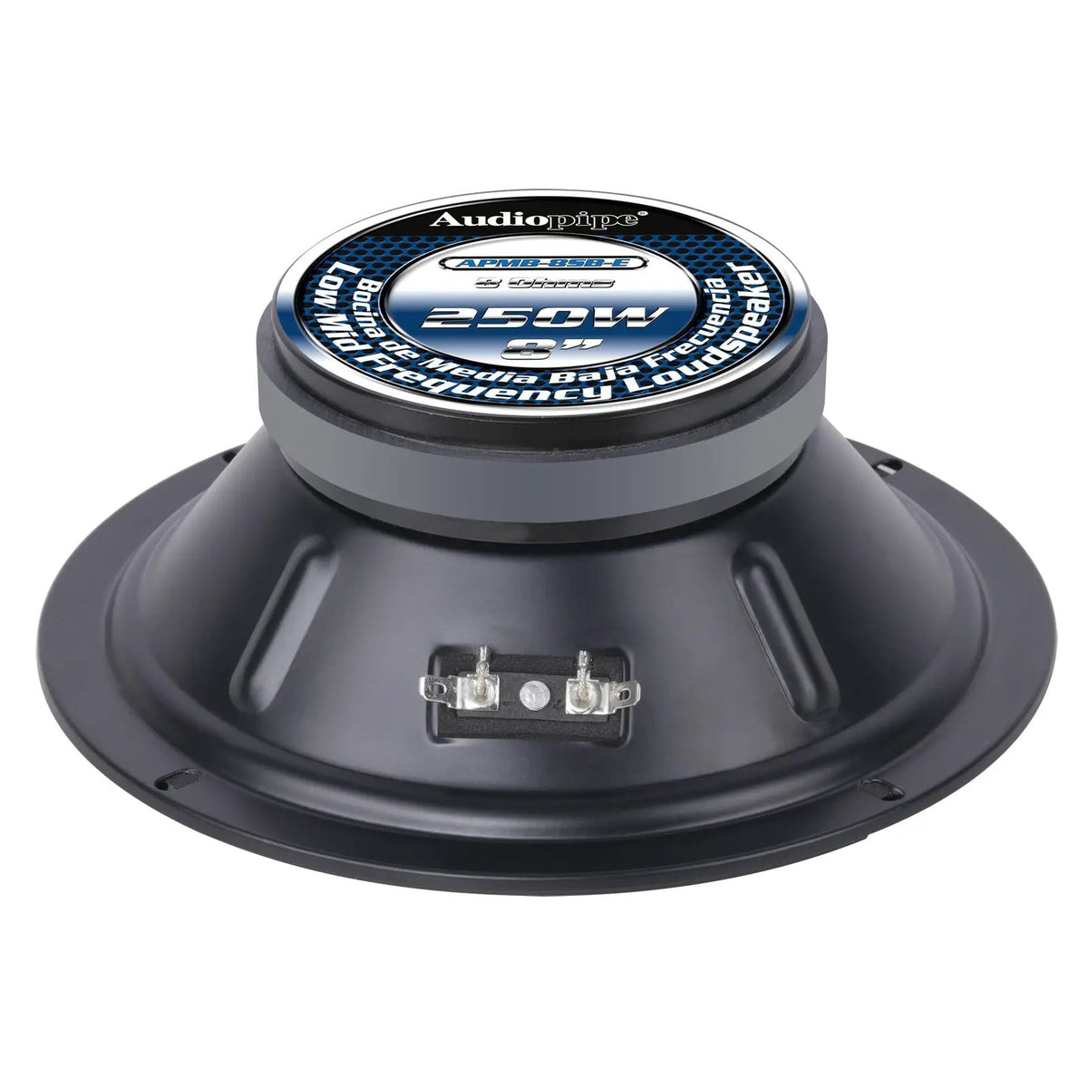 Rear of Audiopipe midrange speaker with labeled magnet and connection terminals