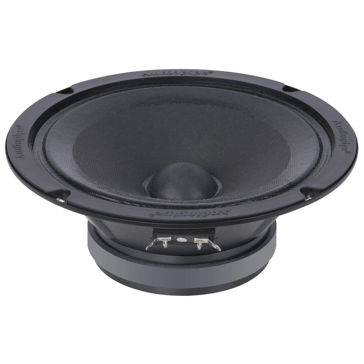 Audiopipe midrange loudspeaker with exposed basket and terminals, low angled view
