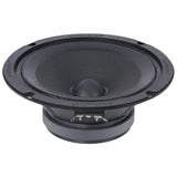 Audiopipe midrange loudspeaker with exposed basket and terminals, low angled view