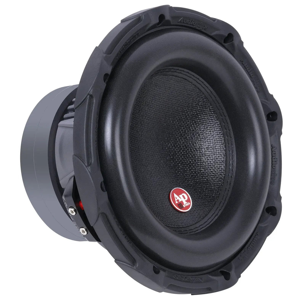 Audiopipe subwoofer with a black cone and red badge, angled view