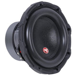 Audiopipe subwoofer with a black cone and red badge, angled view