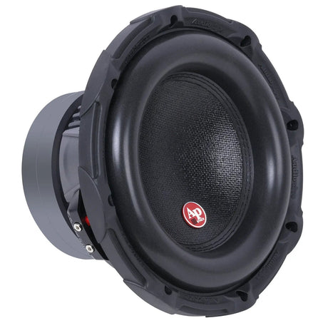 Audiopipe subwoofer with a black cone and red badge, angled view