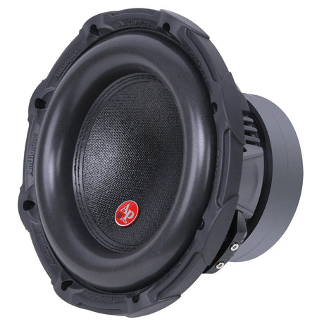 Audiopipe subwoofer with a black cone and red badge, angled view