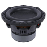 Black subwoofer, upper angled view showing the cone and open basket