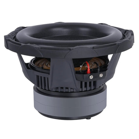 Side-angled view of an Audiopipe subwoofer with exposed suspension, terminal block and stacked magnet
