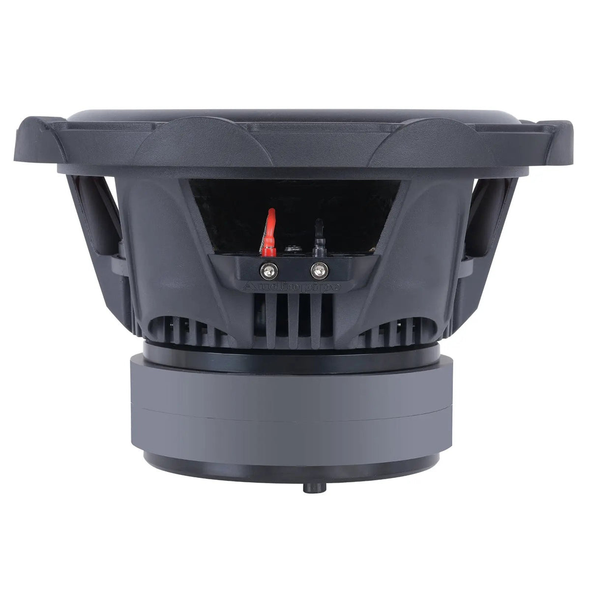 Side profile of an Audiopipe subwoofer showing its terminal block, open basket and stacked magnet