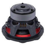 Rear-angled view of an Audiopipe subwoofer with a vented magnet cover and red underside