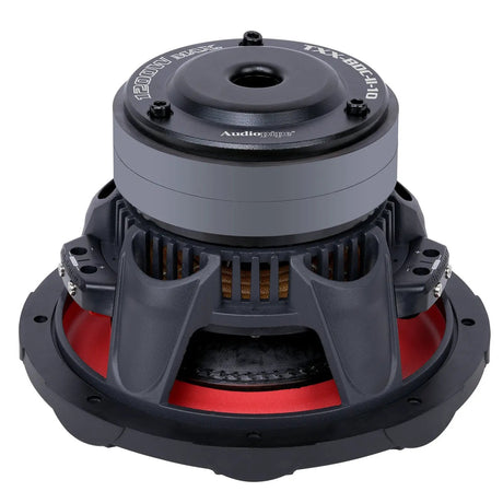 Rear-angled view of an Audiopipe subwoofer with a vented magnet cover and red underside