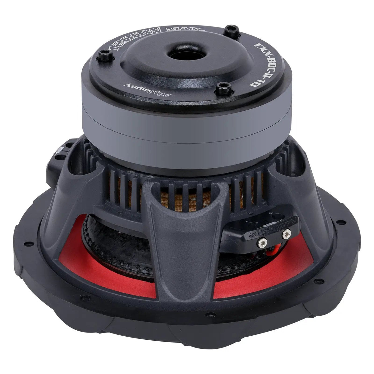 Rear-angled view of an Audiopipe subwoofer with terminal block beside the basket and stacked magnet