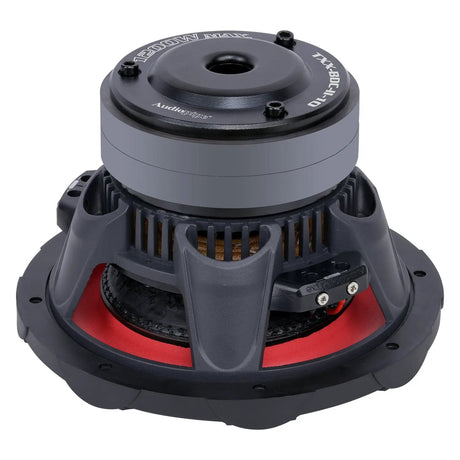 Rear-angled view of an Audiopipe subwoofer with terminal block beside the basket and stacked magnet