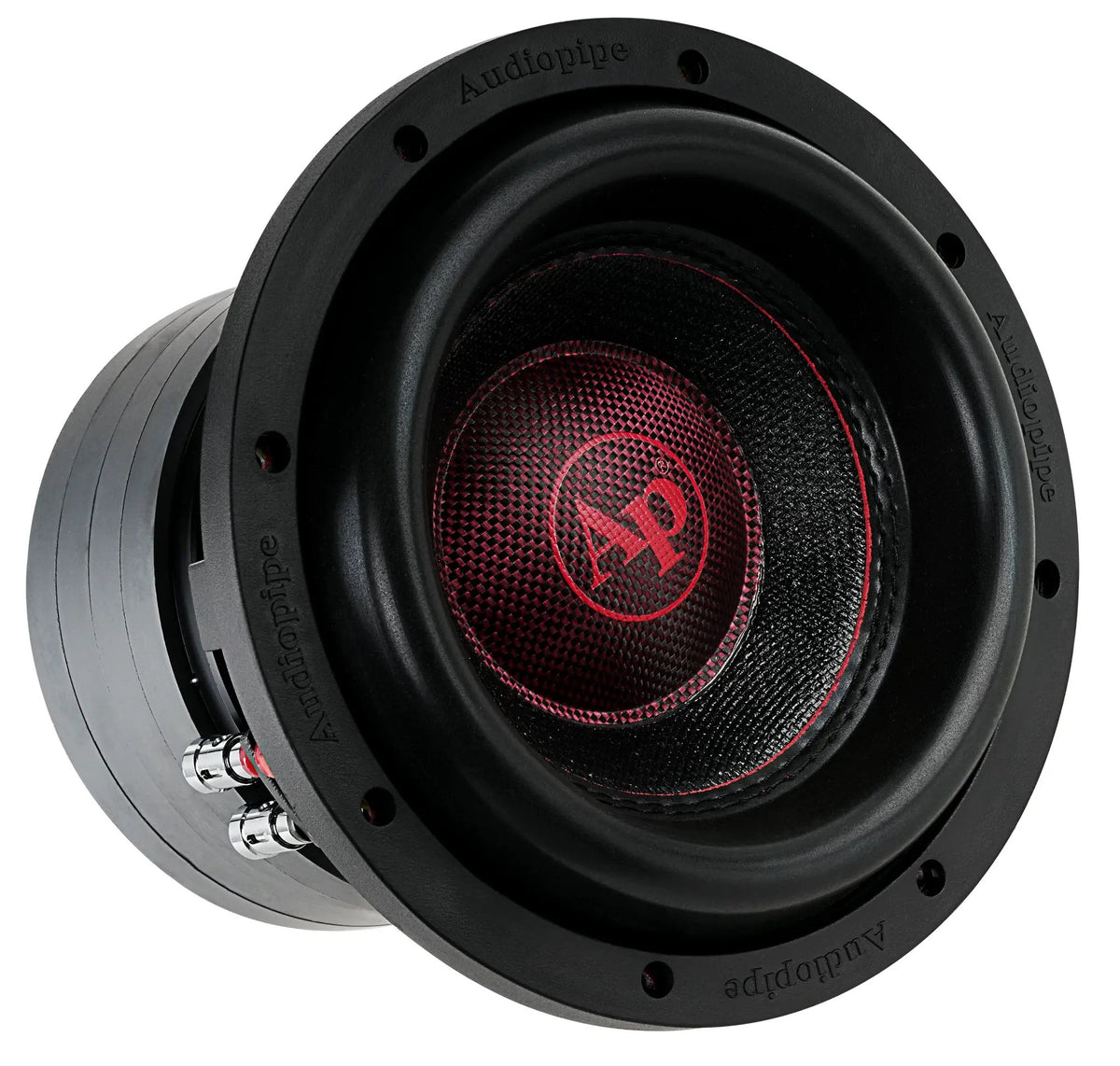 Angled front view of an Audiopipe subwoofer with a red AP logo and side terminals
