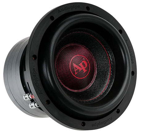 Angled front view of an Audiopipe subwoofer with a red AP logo and side terminals