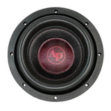 Front view of an Audiopipe subwoofer with red AP logo, broad surround and mounting holes
