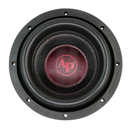 Front view of an Audiopipe subwoofer with red AP logo, broad surround and mounting holes