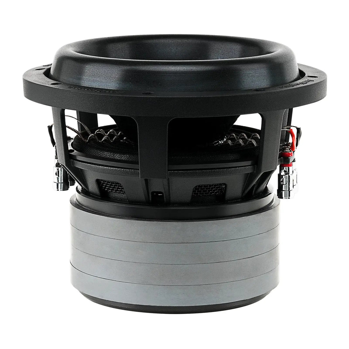 Subwoofer side view showing a broad surround, open basket, terminals and stacked motor