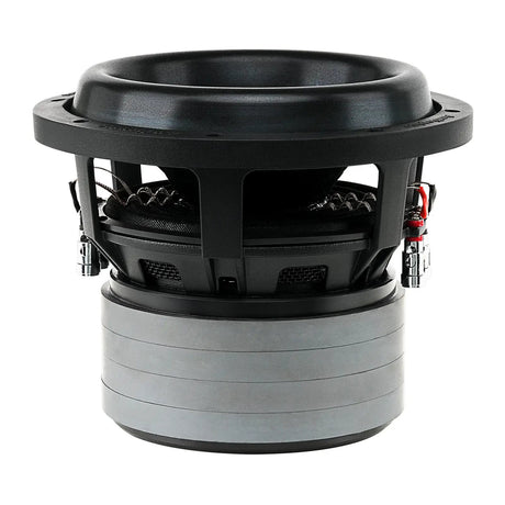 Subwoofer side view showing a broad surround, open basket, terminals and stacked motor