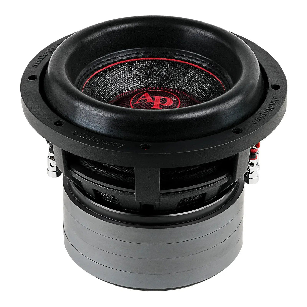 Audiopipe subwoofer with a red logo, black cone and stacked motor, upper angled view