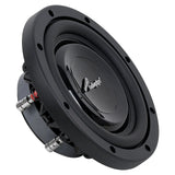 Angled front view of a shallow Audiopipe subwoofer with smooth black cone and side terminals