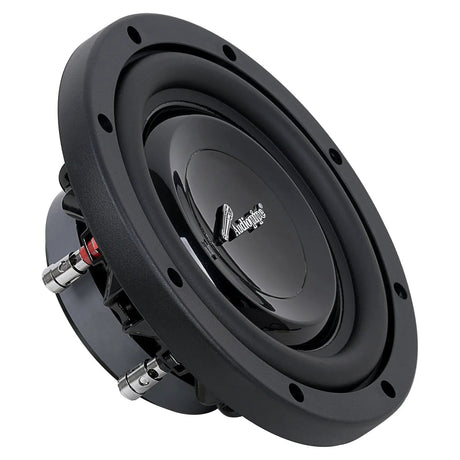 Angled front view of a shallow Audiopipe subwoofer with smooth black cone and side terminals