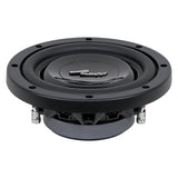 Low front-side view of a shallow Audiopipe subwoofer showing its surround, compact basket and terminals