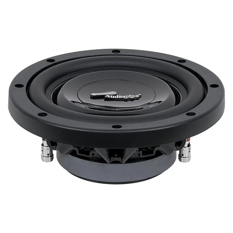 Low front-side view of a shallow Audiopipe subwoofer showing its surround, compact basket and terminals
