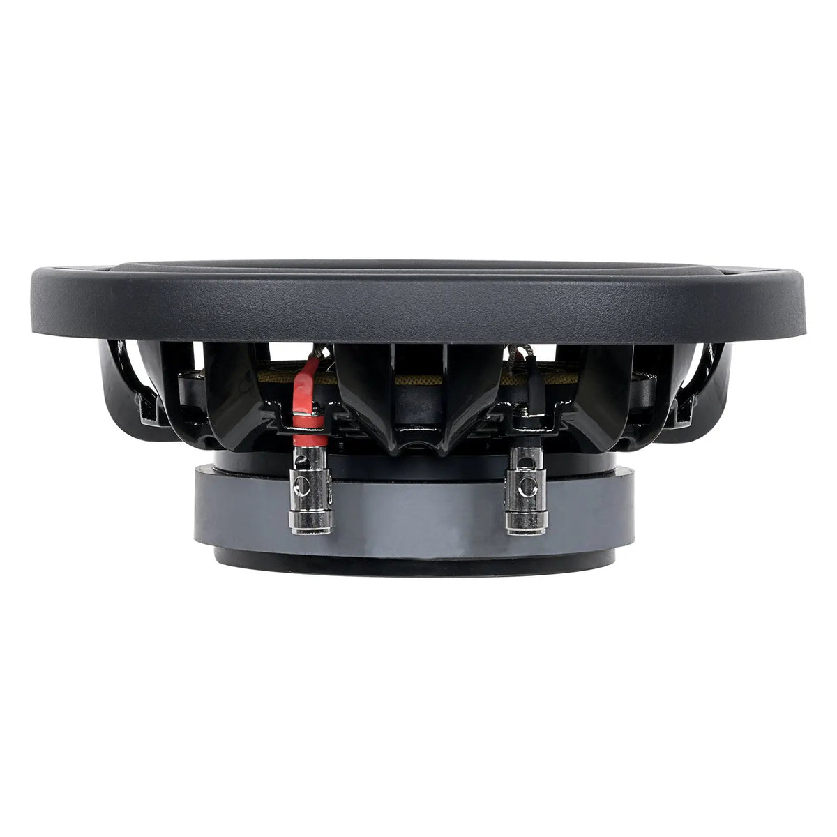 Side view of a shallow Audiopipe subwoofer with red-and-black terminals in front of the magnet