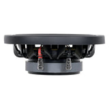Side view of a shallow Audiopipe subwoofer with red-and-black terminals in front of the magnet