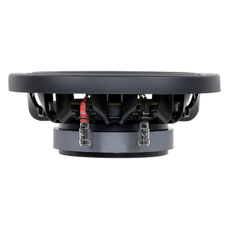 Side view of a shallow Audiopipe subwoofer with red-and-black terminals in front of the magnet