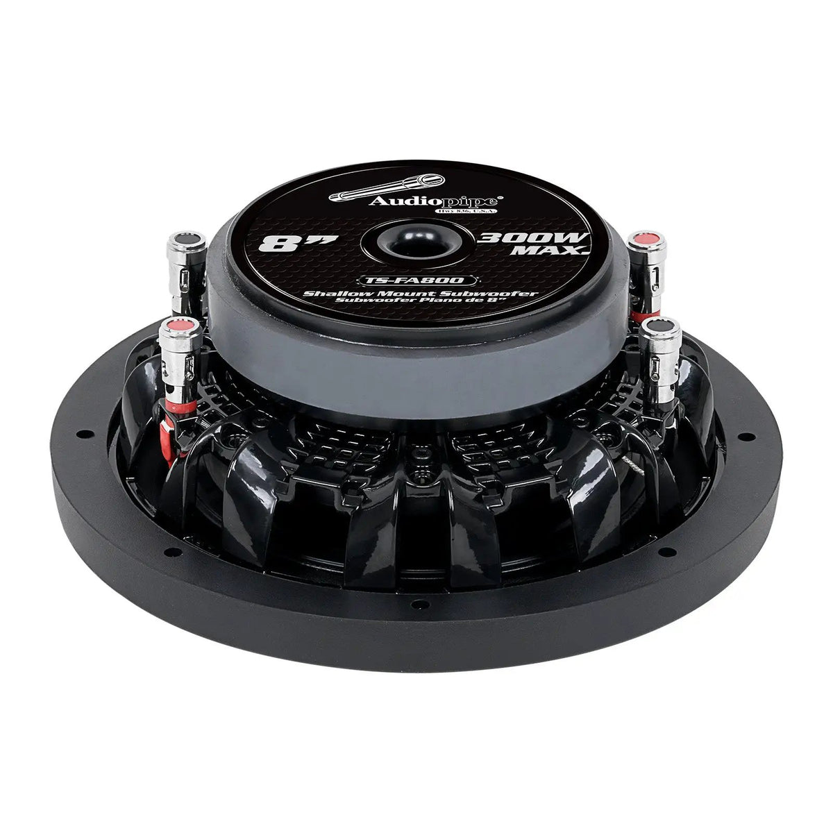 Rear-angled view of a shallow Audiopipe subwoofer with TS-FA800, 8-inch and 300W Max label