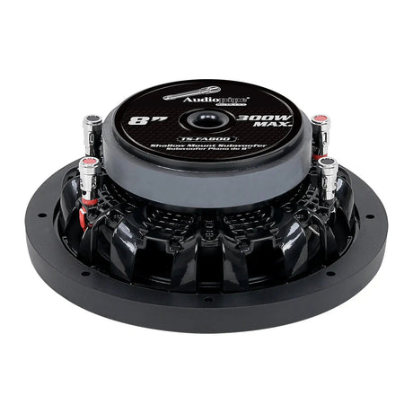Rear-angled view of a shallow Audiopipe subwoofer with TS-FA800, 8-inch and 300W Max label