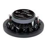 Rear-angled view of a shallow Audiopipe subwoofer with four spring terminals and compact basket