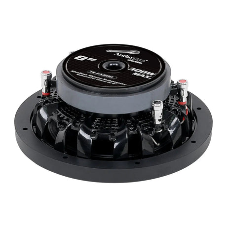 Rear-angled view of a shallow Audiopipe subwoofer with four spring terminals and compact basket