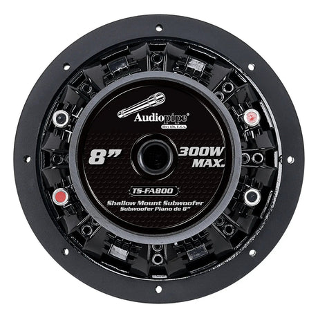 Rear view of a shallow Audiopipe subwoofer with TS-FA800, 8-inch and 300W Max label