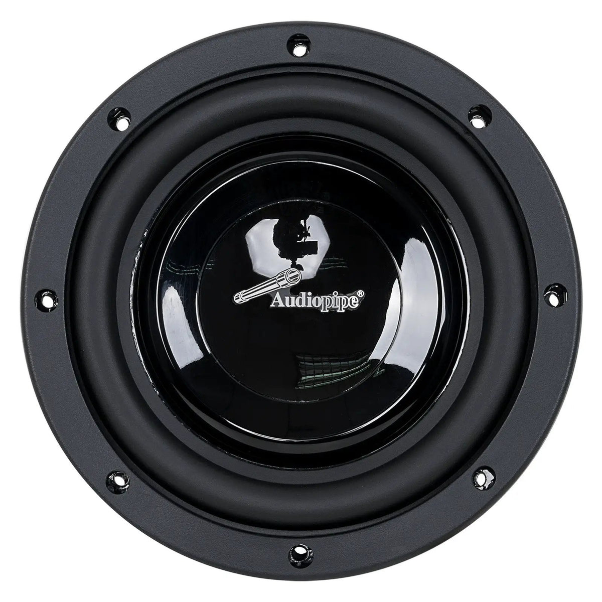Audiopipe subwoofer with a glossy black cone, front view