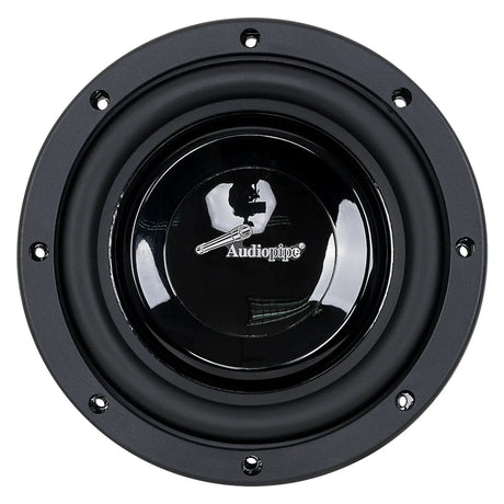 Audiopipe subwoofer with a glossy black cone, front view