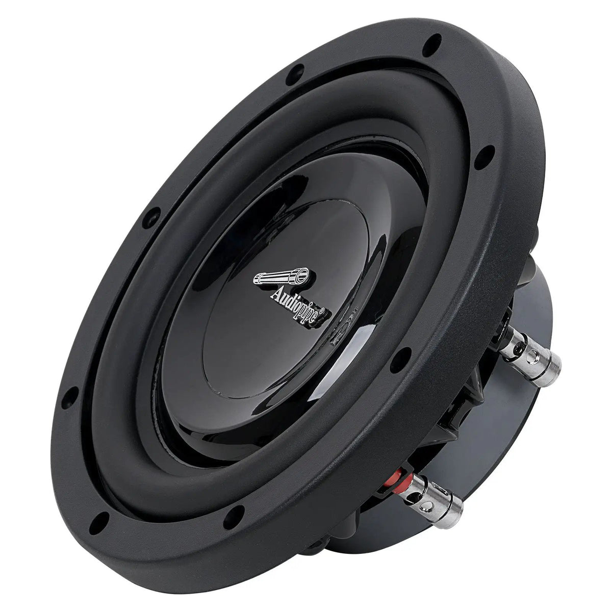Opposite angled front view of a shallow Audiopipe subwoofer with smooth black cone and silver logo