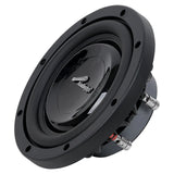 Opposite angled front view of a shallow Audiopipe subwoofer with smooth black cone and silver logo