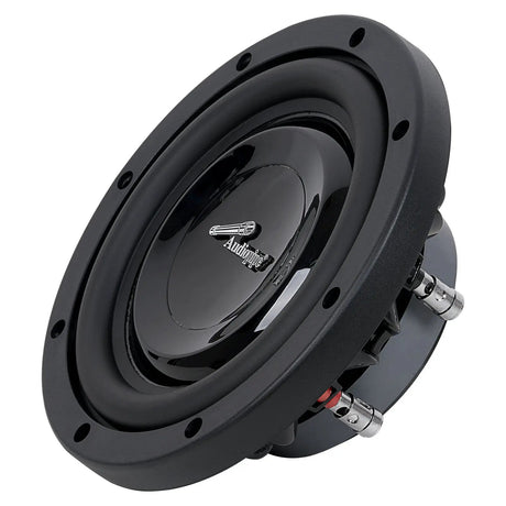 Opposite angled front view of a shallow Audiopipe subwoofer with smooth black cone and silver logo